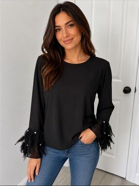 Beulah Style Black Feather Rhinestone Sleeve Top